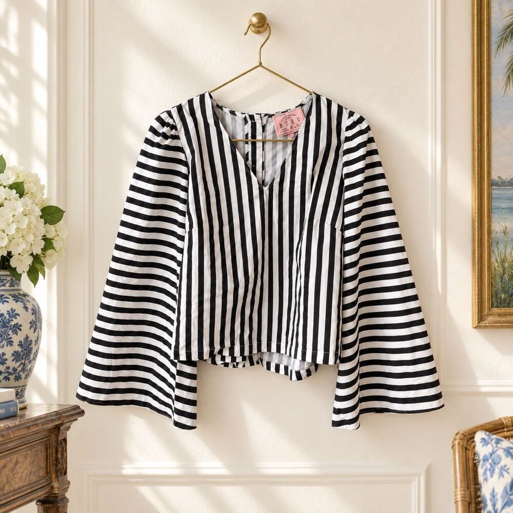 NWOT BURU Black & White Striped Cotton Bell Sleeve Blouse, Sm $198 E38